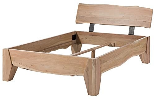 MASSIVMOEBEL24.DE | Pure Acacia massives Holzbett #312 - Natur lackiert | aus Akazien-Holz | mit gewinkeltem Kopfteil | mit Beinen | 140cmx200cm | Massivholzbett Einzelbett