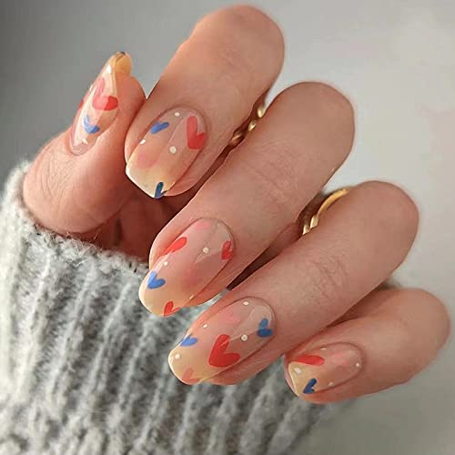 24 Stück Valentinstag Falsche Nägel Eckig Kurz, Rot Blau Liebe Herz Kunstnägel Press on Nails, French Kunstnägel Nägel Zum Aufkleben mit Design, Glossy Fingernägel Fake Nails für Frauen und Mädchen