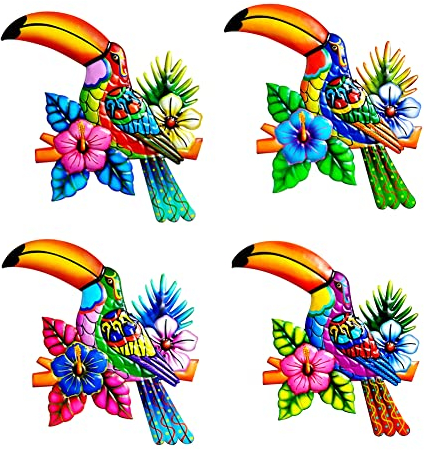 4 Stücke Metall Bunte Vögel Wandkunst Metall Vögel Wanddeko Metall Papagei Tukan Eule Wanddekoration für Terrasse Zaun Veranda Garten Zuhause Küche,Wandskulptur zum Aufhängen für Drinnen Draußen 4