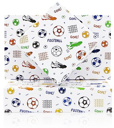Fußball-Geschenkpapier, Fußball-Fußball-Fußballschuhe, Tor-Geschenkpapier, 4 Blatt 50 x 70 cm pro Blatt, Geburtstagsgeschenkpapier für Jungen, Kinder, Männer, Fußballliebhaber, Geburtstag, Urlaub