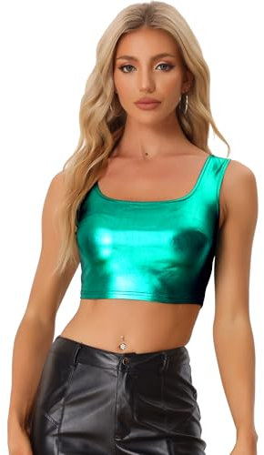 Allegra K Women's Halloween Costume Crop Top Vest Tank Top U Neck Sleeveless Party Clubwear Shiny Metallic Green S