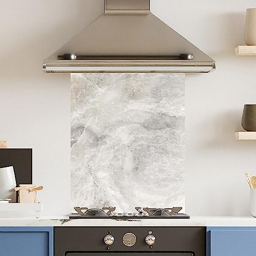 Premium 60 cm x 75 cm White Marble Glass 6mm Kitchen Splashback Heat Resistant Toughened Polished Edges - Back Splash Back Coloured Hob Painted Tempered Splashback