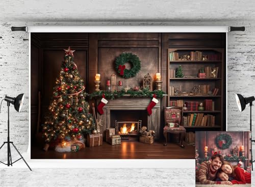 Kate 3x2m Telón de Fondo para Chimenea de Navidad Bolas de Navidad Retro Árbol de Navidad Decoraciones de Regalo para Fondos de Fotografía Telones de Fondo para Estudio de Fotografía de Nochebuena