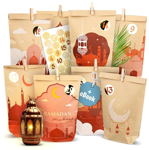 AMARI ® Ramadan Tüten (30 Tüten inklusive Sticker & Klammern) - Ramadankalender zum Befüllen - Ramadan Kalender Tüten - Ramadan Kalender Bastelset