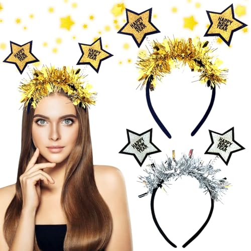 Qunkun Happy New Year Haarreifen, 2 Stück Stirnband, 2025 Kopfschmuck Haarreifen Silvester, Party Haarreif mit Federn und Sternen, Silber Strass glitzernd Silvester Party Haarschmuck Zubehör (C)