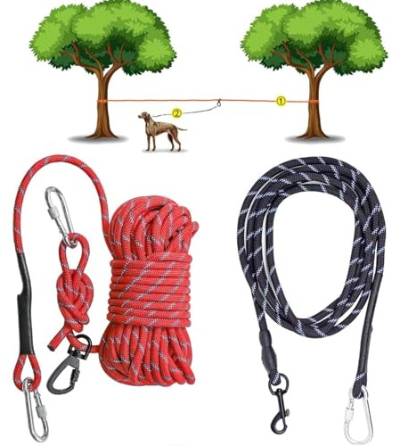 Coloch Cable de amarre para perros para camping, sistema reflectante de 50 pies con cable de corredor de perros de 10 pies, correas portátiles para perros de hasta 300 libras, para patio, parque,