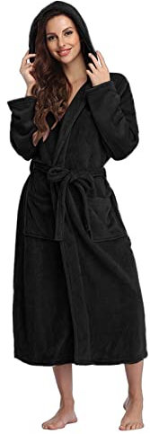 Generisch Accappatoio da donna in spugna con cappuccio, morbido, con cintura, per sauna, in cotone, lungo, con cappuccio, in morbido pile, con vestaglia calda, Nero , XXL