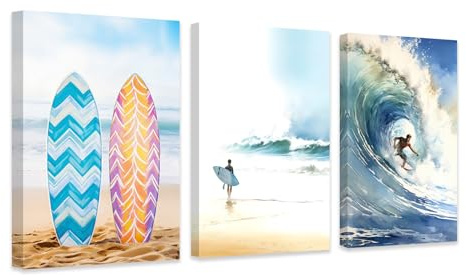 ZXHYWYM Strand Leinwandbilder 3 teilig Ozean Thema Surfen Kunstdruck Wassersport Wandbild Surfbrett Gemälde Küstenwellen Wanddekoration für Hütte am Meer mit Rahmen (B (28x35cmx3))