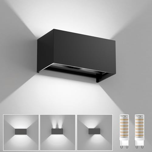 YrgePowk Wandleuchte mit Austauschbarer G9 LED Lamp, 18W 6000K Kaltweiß Wandlampe IP65 Wasserdichte Aussenwandleuchte Auf und ab Einstellbarer Abstrahlwinkel Wandbeleuchtung(Schwarz)