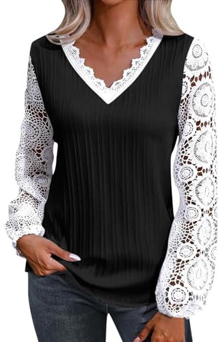 Générique Chemisier Femme Chic Et Élégant, Tee Shirt Femme Manche Longue Top Soiree Personnalisé T-Shirt Ample À Manches Longues Et Col en V pour Femme, Haut Décontracté Dentelle, (Black,S)