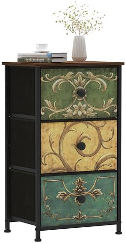VEDECASA Bedroom Chest of Drawers 3 Fabric Drawer Dresser Narrow Nightstand End Table Storage Unit for Closet Bedroom Living Room Halfway Sturdy Metal Frame Wooden Top Easy to Install