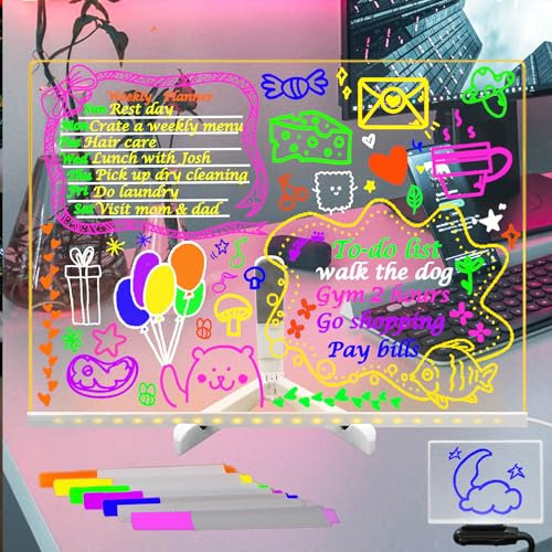 Fanrui 40 x 30 cm beleuchtetes Memo, LED-Nachrichtenbrett mit 7 Farben, dimmbar, trocken abwischbare Acryl-Tafel mit Ständer, beleuchteter Schreibtisch-Notizblock, Kunst-Doodle-Notizblock für Kinder,