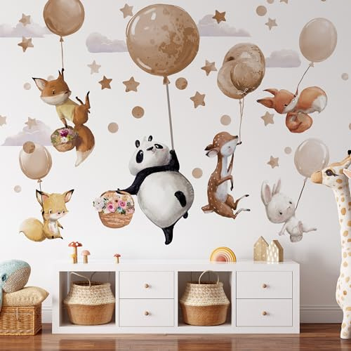 Große Wandsticker – Tiere auf beige Luftballons – Panda Hirsch Fuchs Hase Wanddekoration Mädchen Jungenzimmer Geburtstag Babyparty Geschenk (XXL)