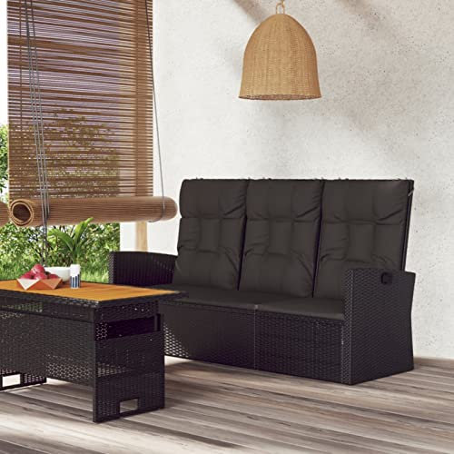 Homgoday Gartenbank mit Liegefunktion & Kissen Schwarz 173cm Poly Rattan Gartenmöbel