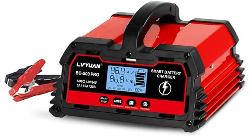 LVYUAN 12V/24V Car Battery Charger with Trickle Charger Automotive Smart Battery Charger, Smart Battery Maintainer, 5A/10A/20A for Car Truck Motorcycle, AGM, LiFePO4 Lithium and Lead Acid Batteries