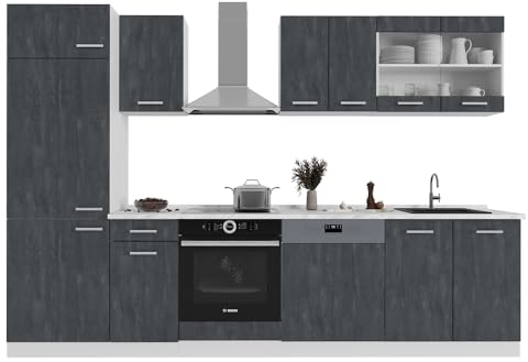 Vicco Küchenzeile R-Line, Schwarz Beton/Weiß, 300 cm ohne Arbeitsplatte