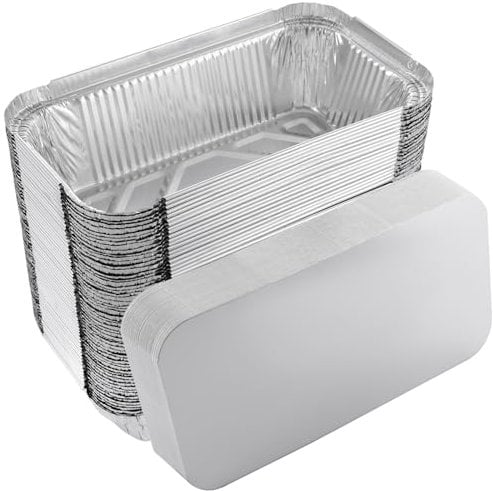 JMIATRY 125 Pcs Aluminum Foil Trays with Lids, 20 x 11 x 5.6cm Disposable Foil Food Containers with Lid, 680ml Takeaway Tin Foils Trays for Food Storage, Roasting, Baking, Broiling and Freezing