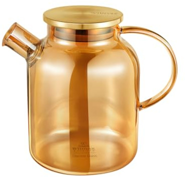 Wilmax Teekanne Glas mit Siebeinsatz aus Borosilikatglas, 1600 ml, Gold | Geeignet für Gas- & Elektroherd, mikrowellen- & spülmaschinenfest, für heiße & kalte Getränke