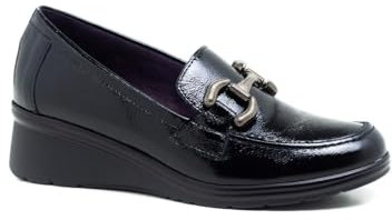 PITILLOS - Zapato mocasín de Piel,Adornado con eslabón,sin Cordones,Suela de Goma,Brillo,de cuña, para: Mujer Color: Negro Talla:36