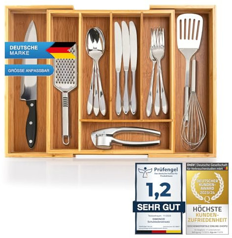 Dimono® Schubladeneinsatz Besteckeinsatz aus Bambus-Holz Schubladen; 7-9 Fächer Ordnungssystem Flexibler Organizer Ausziehbare Schublade für Küche, Büro, Bad & Werkstatt (Ausziehbar bis 45,5 cm)