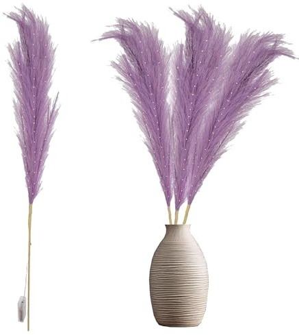 100cm Prelit Purple Pampas Grass Stem, Warm White LEDs Battery-Operated Christmas Artificial Flowers for Boho Wedding Bedroom Living Room Decorations