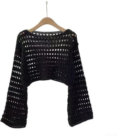 Besttoolifes Pull tricoté au crochet à manches longues pour femme - Haut d'été - Col rond - Décontracté - Léger - Pour les vacances - Blanc - Noir - Bleu - Rose - Beige - Noir