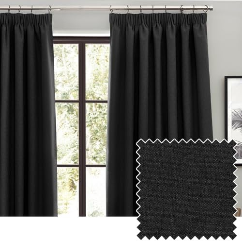 furn. Dawn Textured Blackout Pencil Pleat Curtains – Thermal Lined Pair (Black - Width 168 x Drop 229cm)