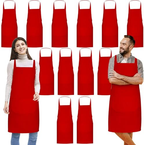 Tczecoo 12 Stück Kochschürze, Unisex Rote Schürze mit 2 Taschen, Küchenschürze Köche Schürze für Erwachsene Kochen Malerei Grillen Backen Maschine Waschbar, 60 x 71 cm