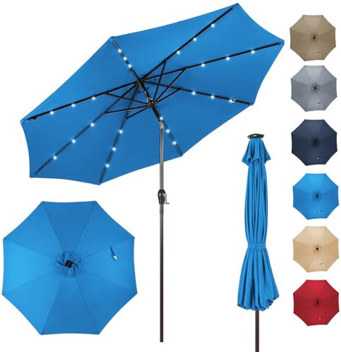 RELAX4LIFE Parasol Inclinable LED Dia.3M avec Éclairage Solaire, 8 Baleines, Inclinaison Réglables Parasol de Jardin Extérieur pour Balcon Terrasse Patio Café Bistro (Φ300x250cm,Bleu)