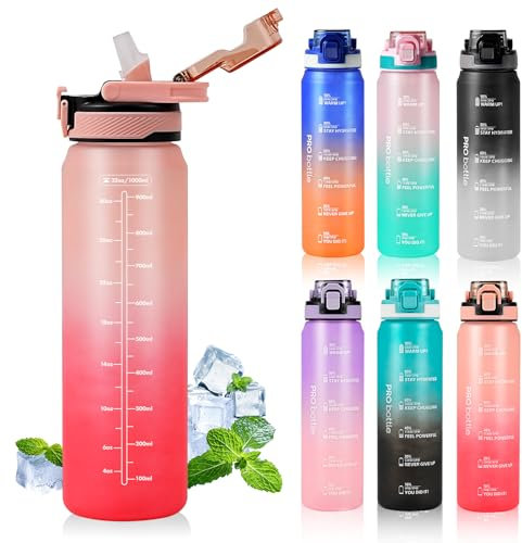 SEASEVEN Borraccia sportiva da 1 litro con cannuccia, in plastica, con tacche orarie, a prova di perdite, senza BPA, per palestra, scuola, ufficio, viaggi (rosa)