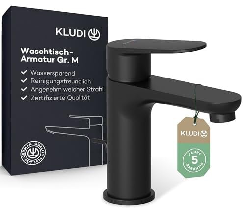 KLUDI-X1 Waschtischarmatur mit Zugstangen-Ablauf, Auslaufhöhe 95 mm, wassersparender Wasserhahn Bad Schwarz Matt Größe M, Keramikkartusche, Mischbatterie Waschbecken inkl. Anschlussschläuche