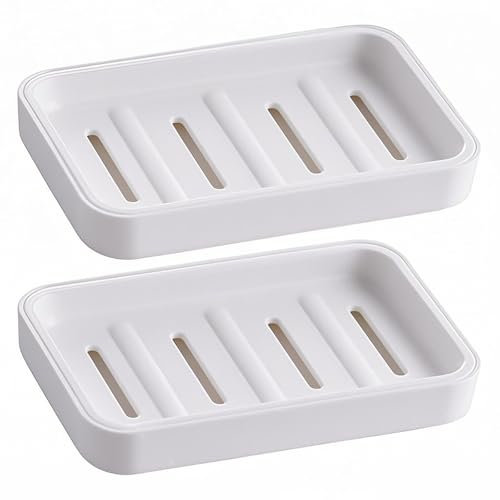 Senshuomy Soap Dish with Drainage | Keep Soap Dry, Plastic Soap Holder for Shower, Bathroom, Kitchen | Easy to Clean, 2 PC/White