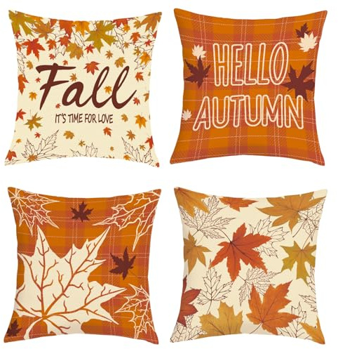 Joymaison Kissenbezüge 45x45 4er Set Hallo Herbst Orange Plaid Ahornblätter | Deko Kissenhülle Erntedankfest Herbstblätter Ernte Saisonnal Outdoor Dekorative Kissenbezug Kissen für Couch Sofa