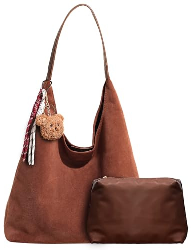 Myhozee Braun Tasche Damen Wildleder Handtasche Groß Hobo Tote Bag Slouchy Bag Suede Schultertasche Damen Umhängetasche Shopper für Mädchen Frauen