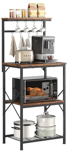 COMHOMA Étagère de Cuisine, Etagere Rangement pour Machine à Café, Étagère de Boulanger, 3 Étagères et 8 Crochets, pour Four à Micro-Ondes, Réglables, Cadre en métal, 55x37x126cm, Marron Rustique