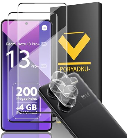 Tempered Glass For Xiaomi Redmi Note 13 Pro Plus / Pro+ 5G Screen Protector 2 Pack [6.70 Inch]+ Transparent HD Camera Lens Protector 2 Pack, Fingerprint Unlock Compatible, 9H Hardness, HD Clear