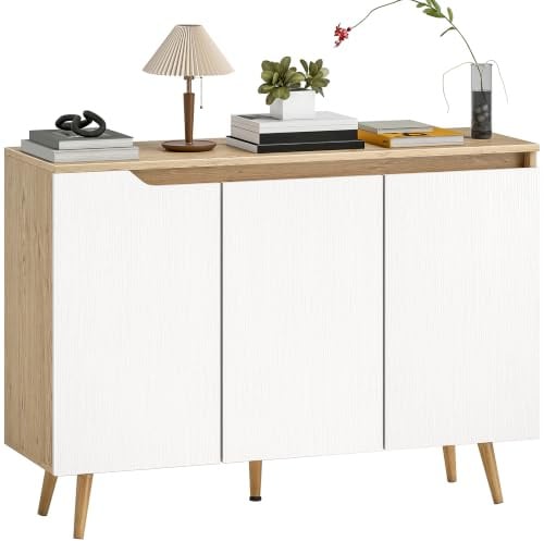 HOMCOM Buffet Salon 2 Étagères Réglables 107 x 35 x 76,5 cm Blanc et Chêne | Meuble de Rangement, 3 Portes, 5 Pieds en Bois d'Hévéa, Style Rustique, Buffet Salle à Manger et Cuisine