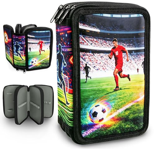 Fußball Federmäppchen Jungen Coole Federtasche 3 Fach Oxfordstoff Mäppchen | Große Federpenal 3 Fächer Reißverschluss Mäppchen 55 Stifthalteschlaufen Federmappe Geschenk Schule Teenager Fußballfans