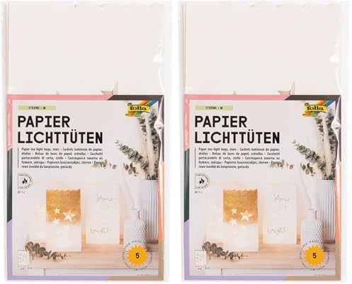folia 12410 - Papier-Lichtertüten Sterne, Tüten aus schwer entflammbarem Papier, 5 Stück, ca. 24,5 x 14 x 8,5 cm, stimmungsvolle Tischdekoration im Advent und zu Weihnachten (Packung mit 2)
