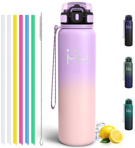 Motswedi Borraccia Termica 1 Litro, con Cannuccia, Borracce Termiche, a Prova di Perdite, Borraccia Acciaio Inox, per Bevande Calde e Freddo, per Palestra, Campeggio, Yoga, Viola & Rosa