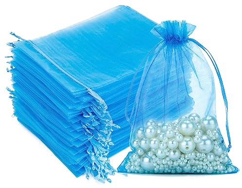 G2PLUS 100 Stück Blau Organzasäckchen, 10x15 CM Geschenk Organzabeutel, Hochzeit Organza-Beutelchen mit Kordelzug Sie als Hochzeit Bonbonsbeutel, Schmuckbeutel, Geschenkbeutel