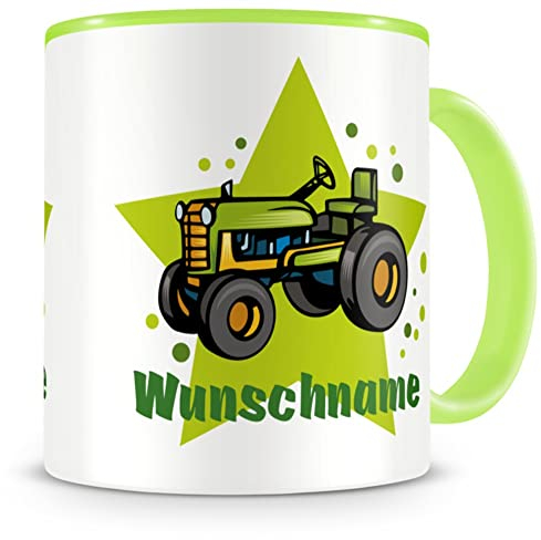 Samunshi® Kindertasse mit Namen Tasse Alter Trecker Personalisierte Tasse mit Namen Kinder Kinderbecher personalisierter Text Kindergarten grün 300ml