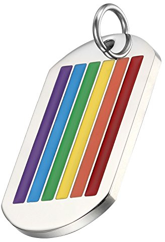 Flongo Pride LGBT Anhänger Halskette Schlüsselanhänger, Edelstahl Silber Mehrfarbig Bunt Streifen Regenbogen Rainbow LGBT Lesbe Gay Pride Schwul Homosexuell Dog Tag Herren, Damen, mit 55cm Kette