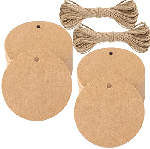 G2PLUS 100PCS Étiquettes en Papier Kraft Rondes 5.5x5.5cm - Étiquette Cadeaux avec Ficelle pour Mariage,Noël, Anniversaire, Communion, (Marron)