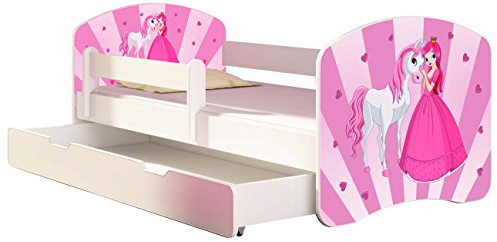 Kinderbett Jugendbett mit einer Schublade und Matratze Weiß ACMA II 140 160 180 40 Design (160x80 cm + Bettkasten, 08 Princess)