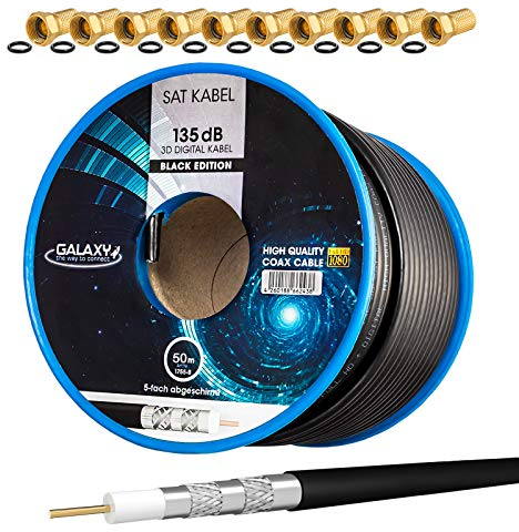 HB-Digital Set: Cable coaxial SAT de 50m 135db Negro + 10x F-Plug chapado en oro | CCS (Acero-Cobre) Cable de Antena Satélite 5 veces apantallado para sistemas DVB-S/S2 DVB-C/C2 DVB-T/T2 DAB+ Radio BK