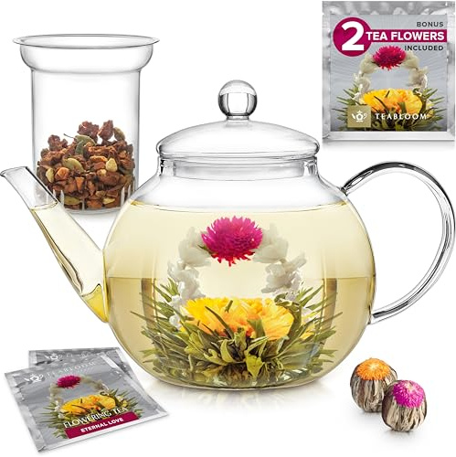 Teabloom Stovetop & Microwave Safe Glass Teapot (40 OZ / 1.2 L) with Removable Loose Tea Glass Infuser – Includes 2 Blooming Teas