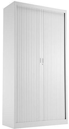 Office Hippo Steel Tambour Cupboard, Fully Lockable Cabinet, Side Opening Metal Storage With 4 Height Adjustable Shelves, Metal Cabinet With 50kg Load Capacity Per Shelf - White
