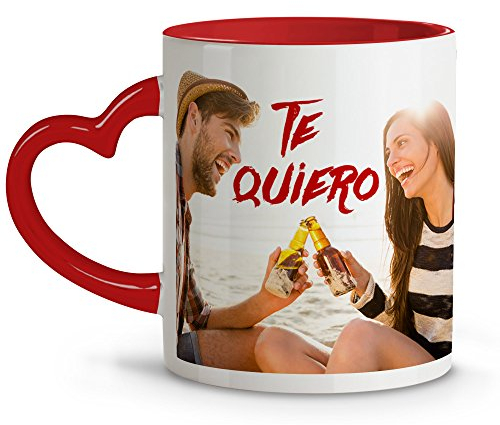 Tazas originales para regalar. Taza personalizada con foto y texto. Regalos originales para mujer. Tazas bonitas. Taza Cerámica 330ml. Taza con asa corazón rojo