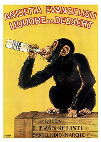 Liqueur Poster von 1930 Bar Poster Drink Poster Beer Wall Art Bar Decor Poster Affe Drinking Poster Anisetta Evangelisti Werbung, 11.7 x 16.5 (A3)